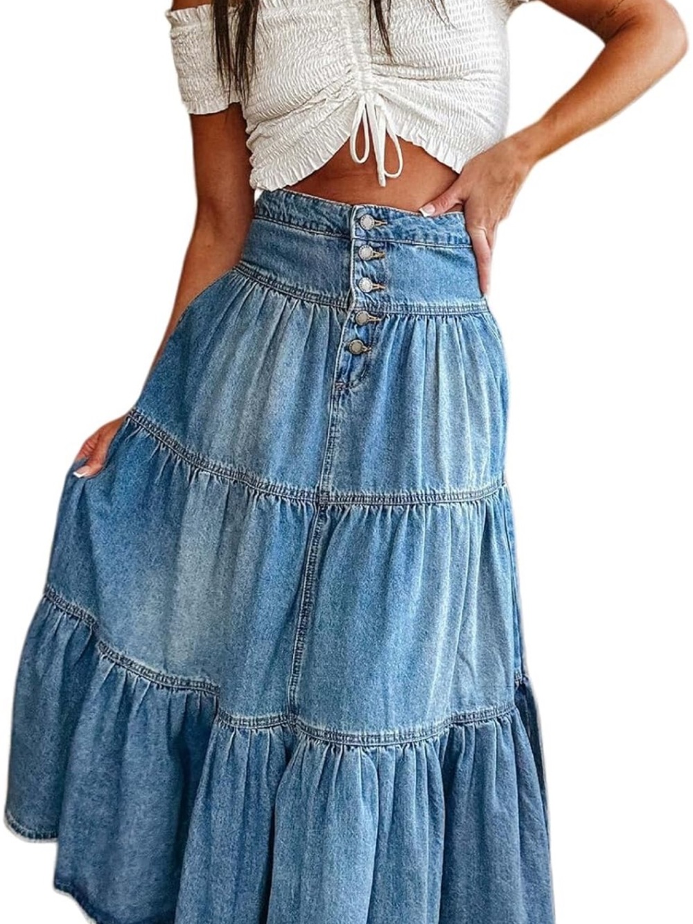 High-Waist Tiered Denim Maxi Skirt - Blue - Picture 3 of 5
